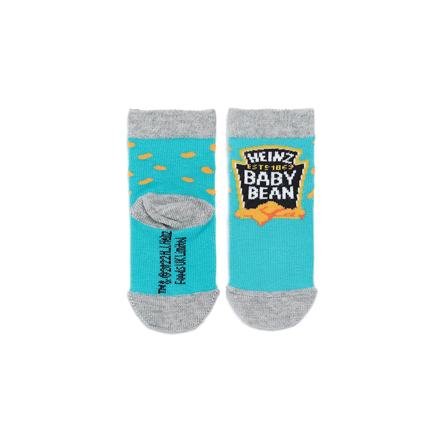 Front and back view of a pair of blue socks with the text &