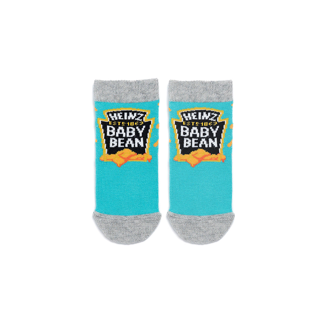 A pair of blue socks with the text &