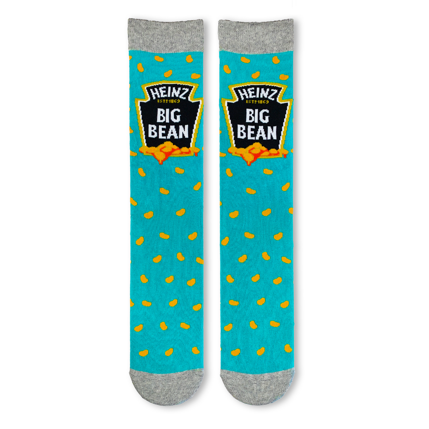 Mens blue novelty socks featuring the classic Heinz Baked Beans Big Bean logo