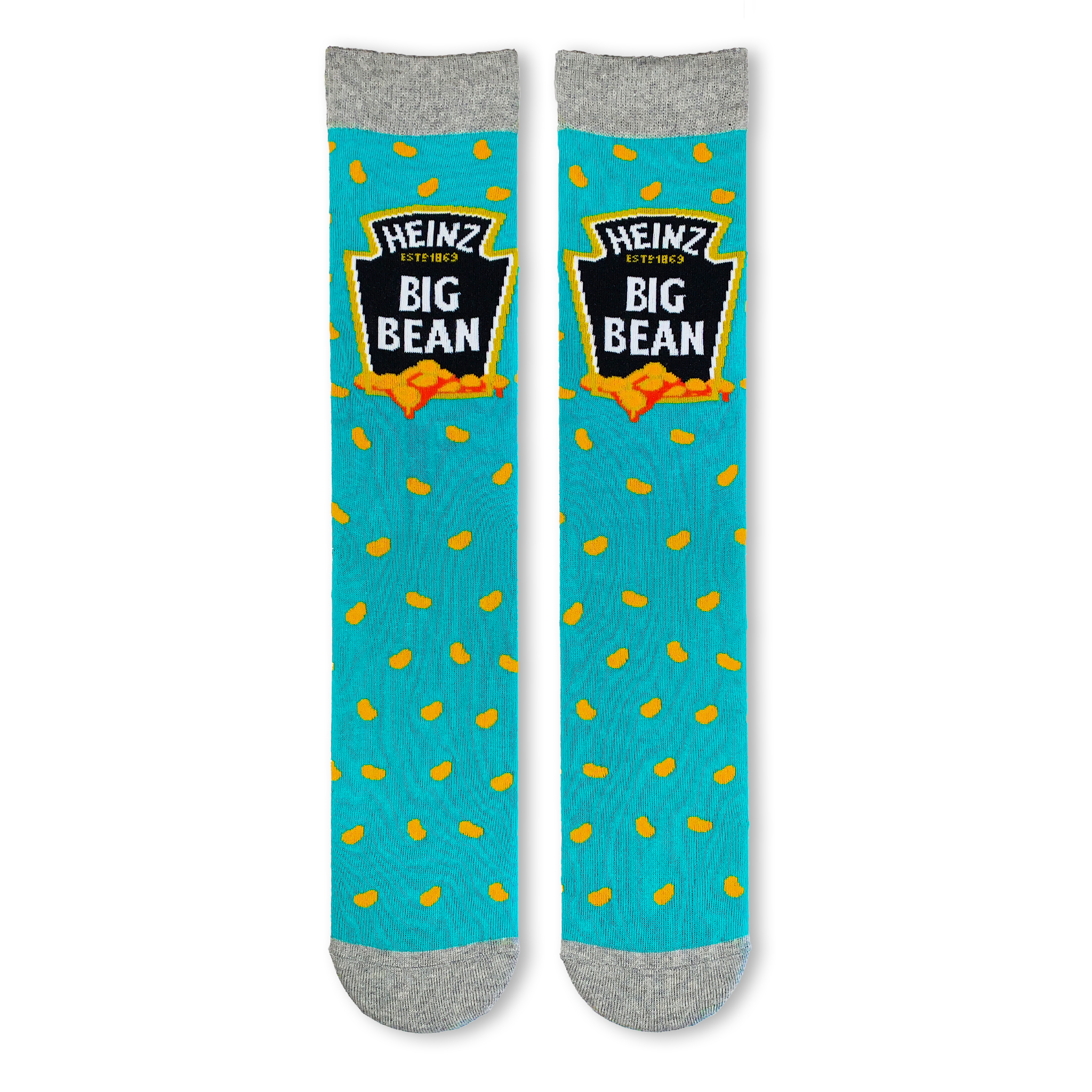 Mens blue novelty socks featuring the classic Heinz Baked Beans Big Bean logo