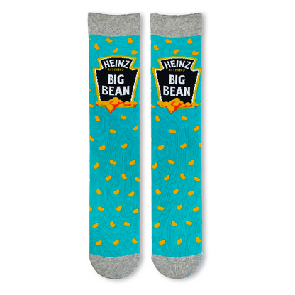 Mens blue novelty socks featuring the classic Heinz Baked Beans Big Bean logo