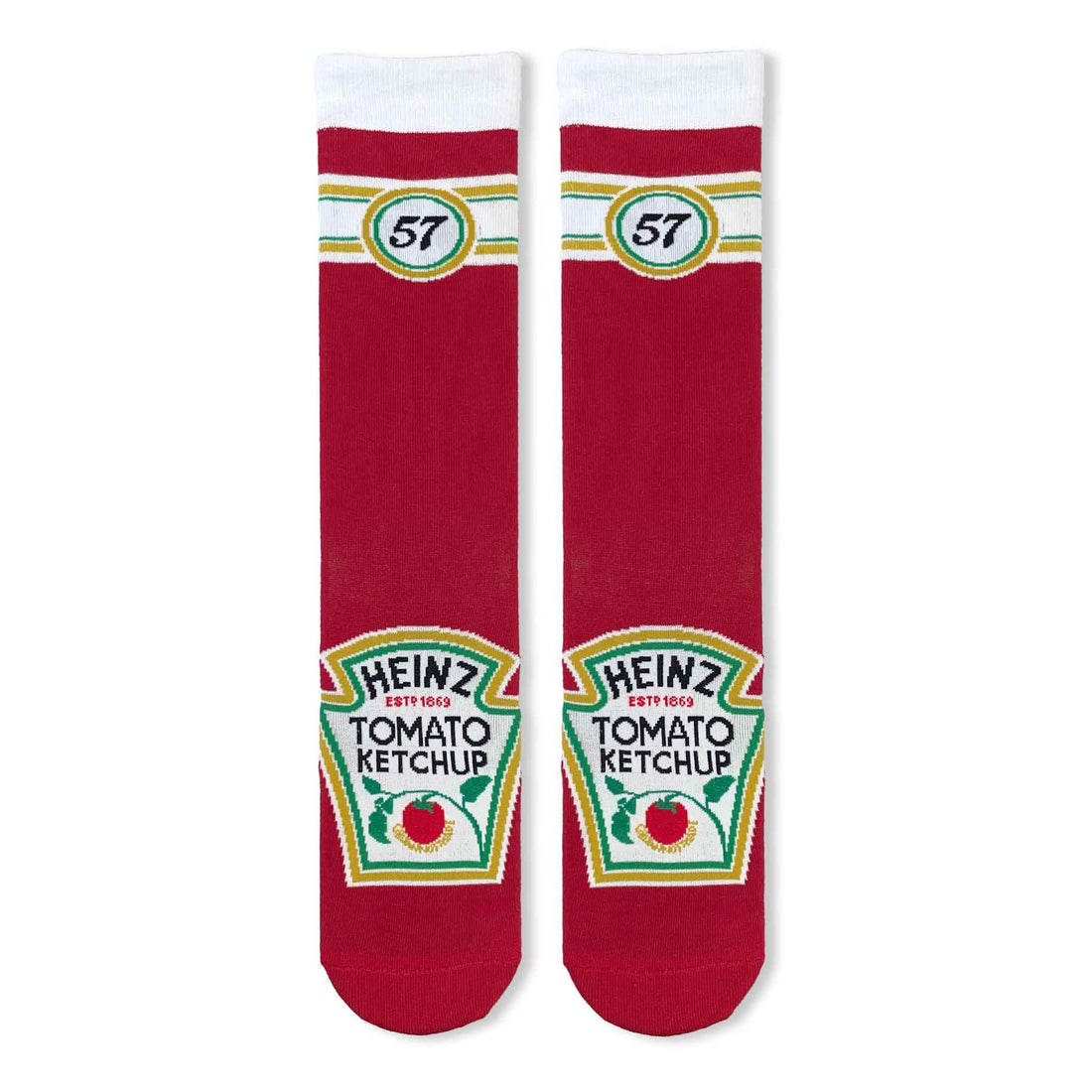 Red novelty socks featuring the classic Heinz Tomato Ketchup keystone label and the iconic 57 logo