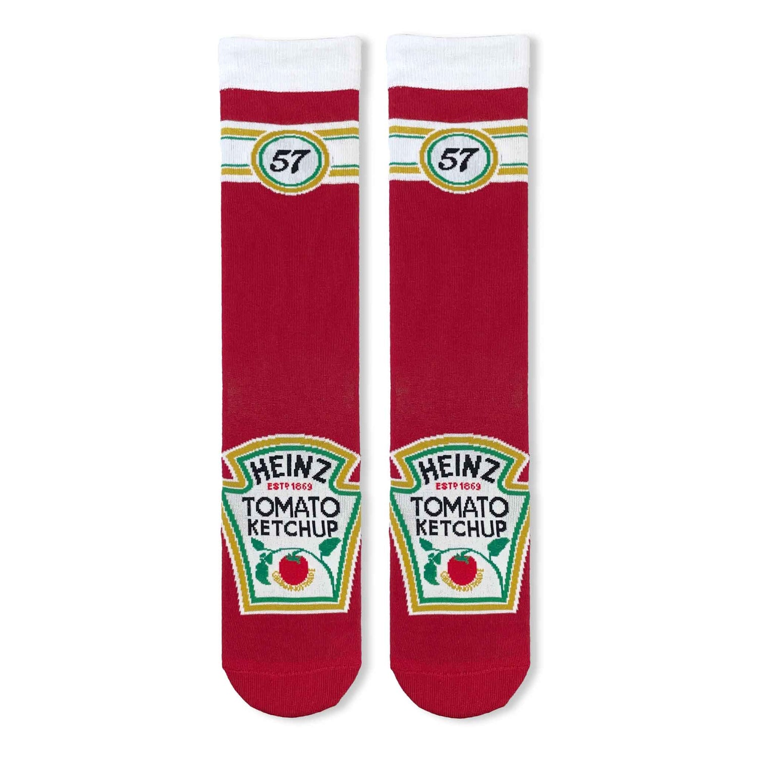 Red novelty socks featuring the classic Heinz Tomato Ketchup keystone label and the iconic 57 logo