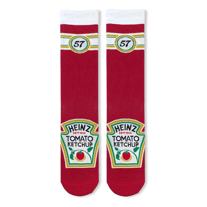 Red novelty socks featuring the classic Heinz Tomato Ketchup keystone label and the iconic 57 logo