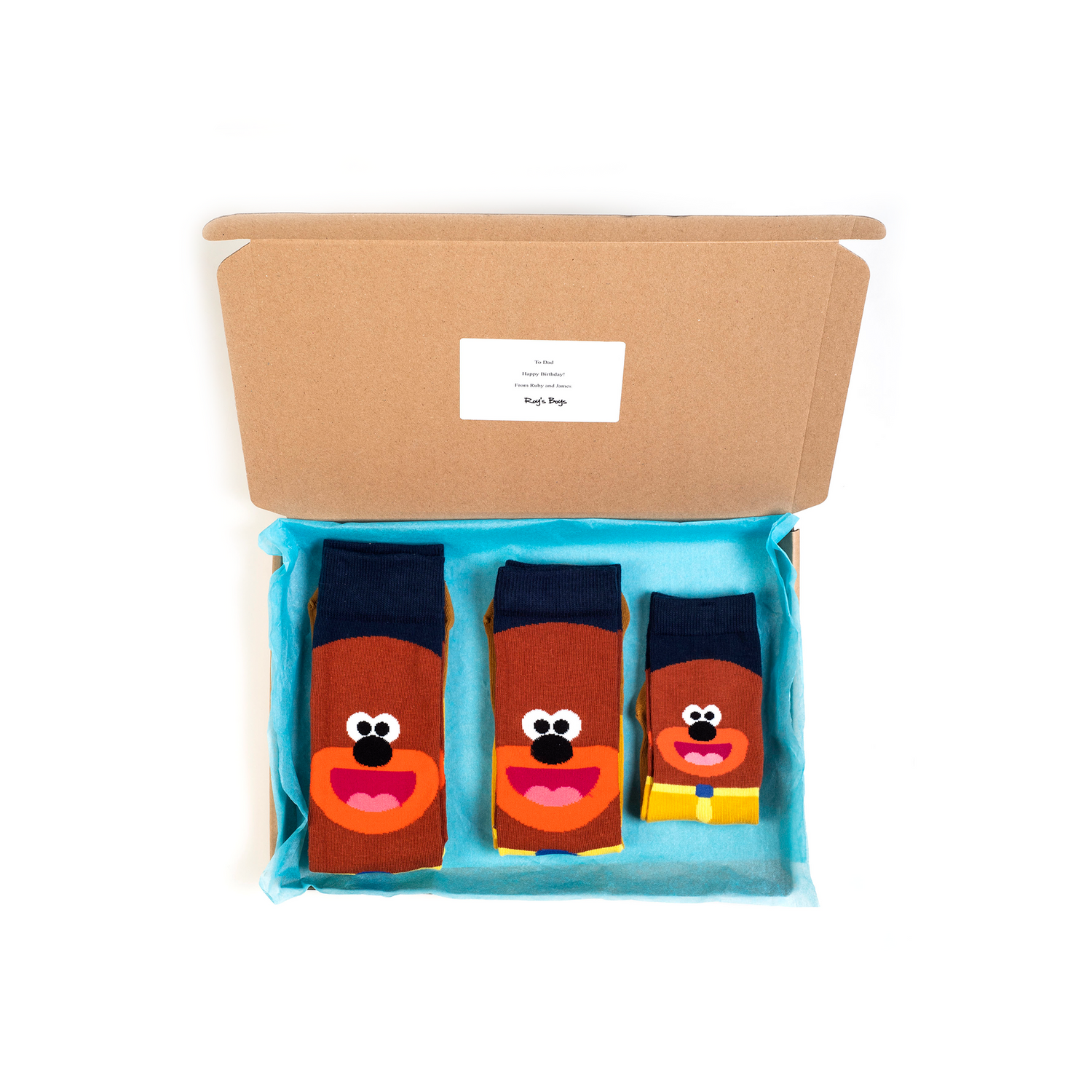 The entire set of hey duggee family in one of our plastic free gift boxes