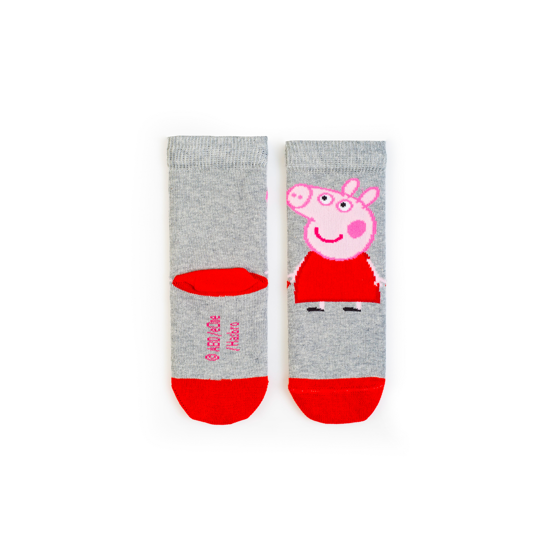 Front and back view of peppa pig kids socks on a grey background